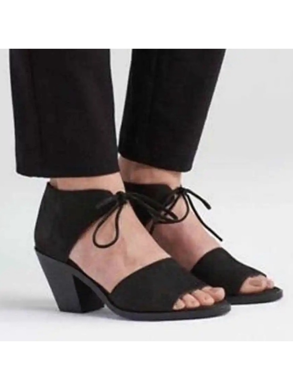 Eileen Fisher Ann black nubuck ankle tie heeled sandals size 7.5